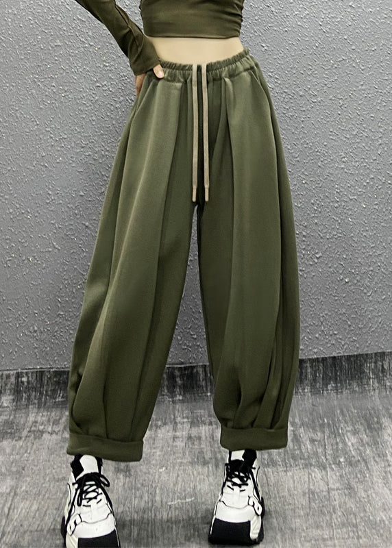 Green Pockets Wrinkled Elastic Waist Cotton Sport Pants Fall