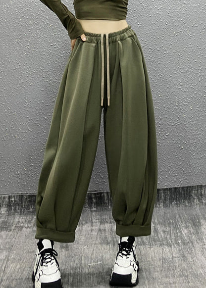 Green Pockets Wrinkled Elastic Waist Cotton Sport Pants Fall