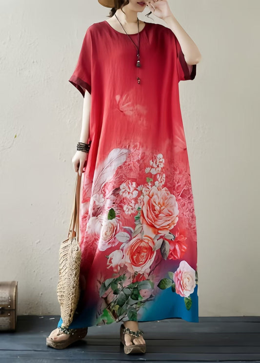 Gradient Red Oversized Print Holiday Dress Summer