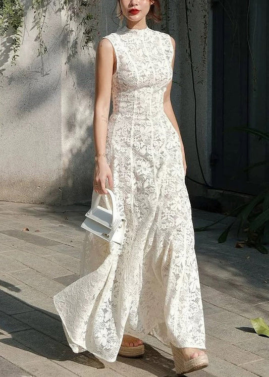 Slim Fit White High Waist Lace Long Dress Sleeveless
