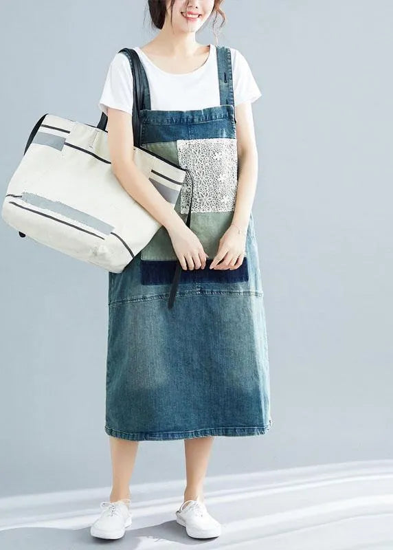 French Denim Blue Cotton Quilting Dresses Sleeveless Cotton Robes Summer Dress