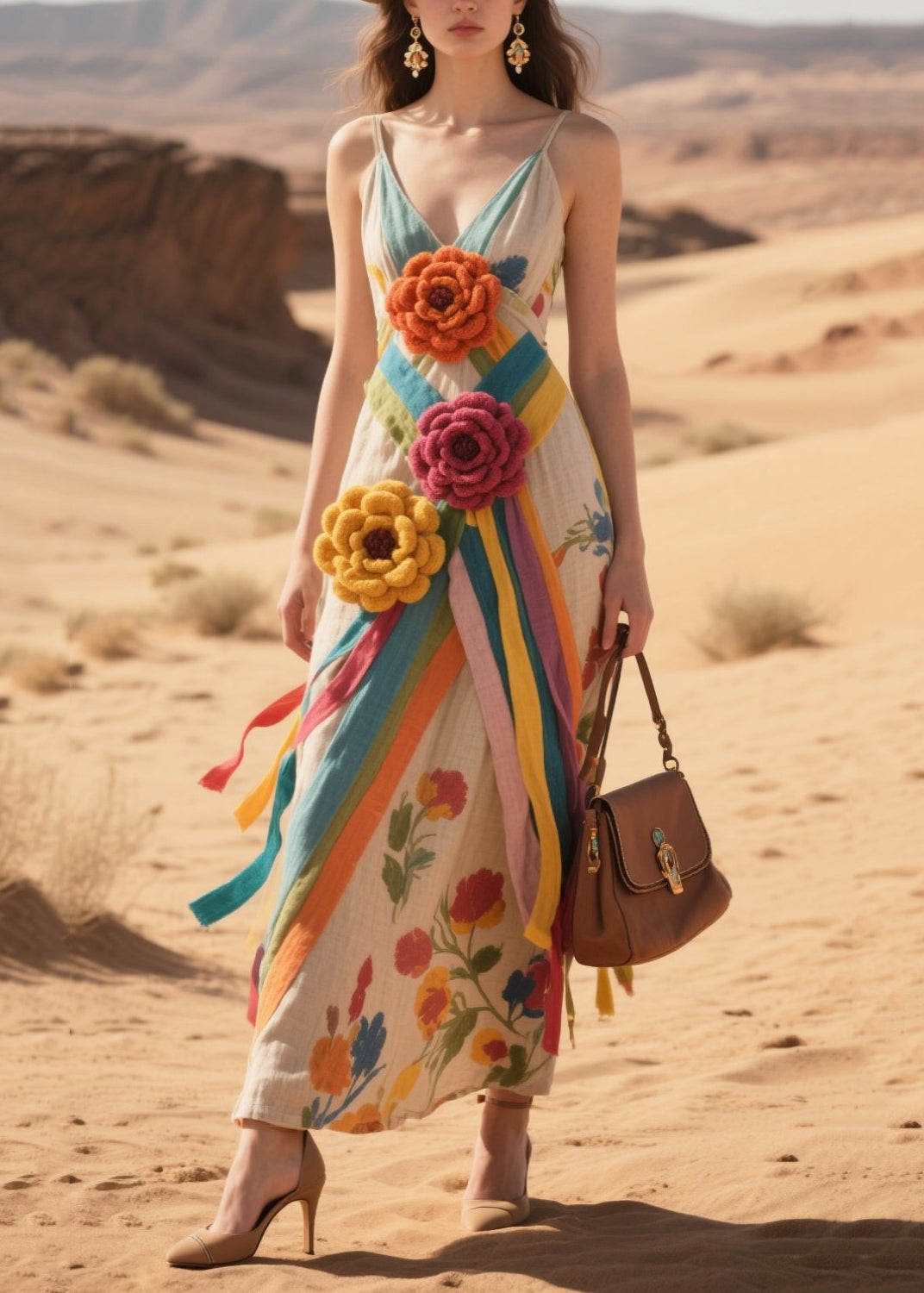 Art Khaki Decorated Cotton Spaghetti Strap Dress Summer