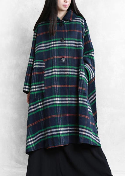 New Oversized Winter Coat Fall Coat Blue Plaid Peter Pan Collar Woolen Overcoat
