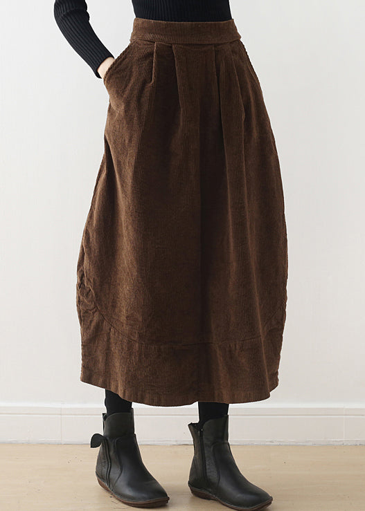 Brown Oversized Patchwork Pockets Corduroy Skirt Spring