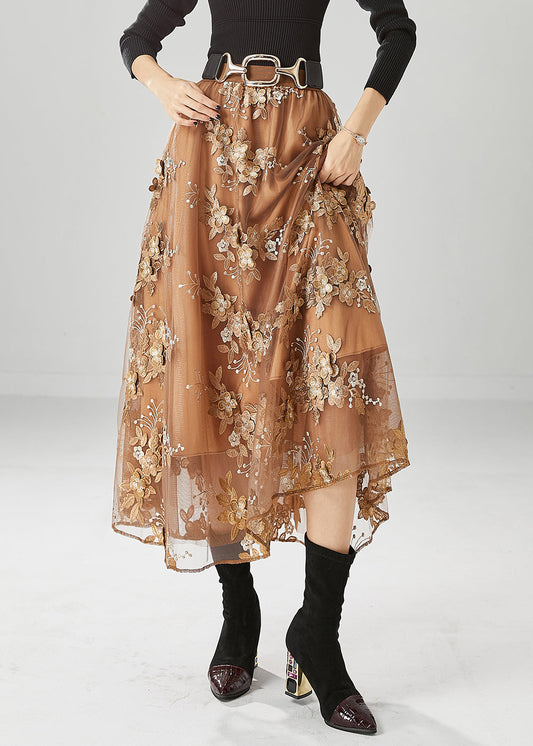 Brown Elastic Waist Embroideried Tulle Skirts Fall