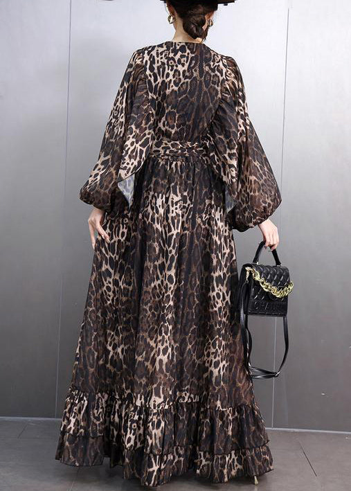 Leopard Button Tie Waist Maxi Dresses Fall