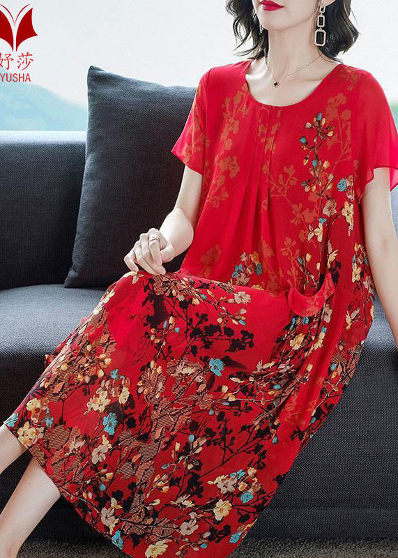 Style Red O-neck Print Chiffon Maxi Dresses Summer