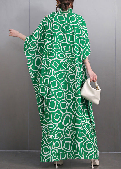 Green Turtleneck Print Side Open Party Maxi Dress Summer