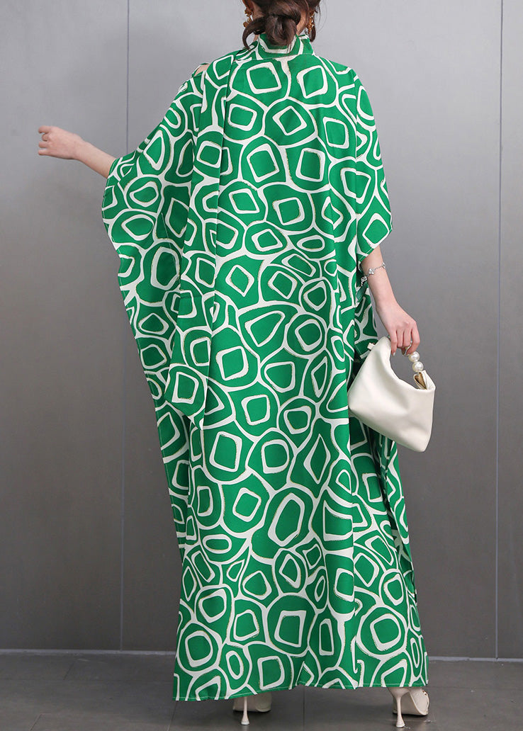 Green Turtleneck Print Side Open Party Maxi Dress Summer