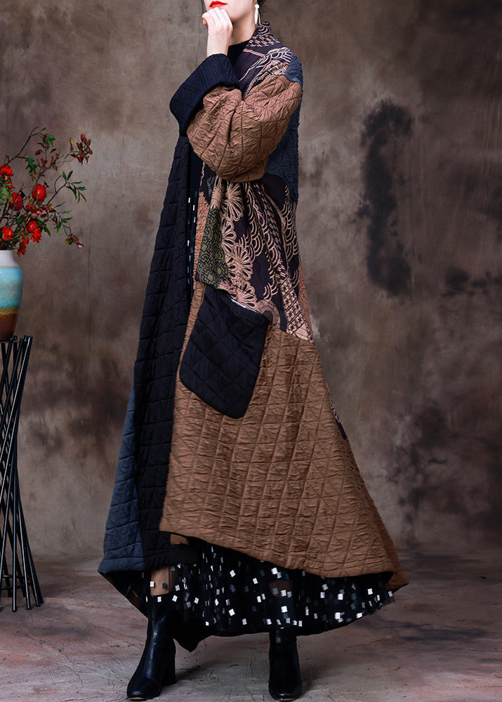 Retro Coffee Patchwork Black Colour V Neck Asymmetrical Button Pockets Print Cotton Thick Maxi Coat Long Sleeve