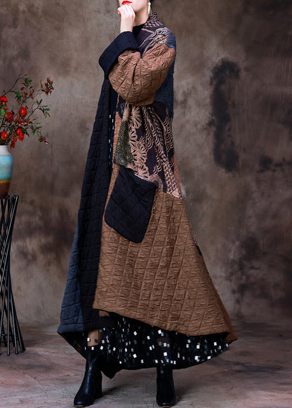 Retro Coffee Patchwork Black Colour V Neck Asymmetrical Button Pockets Print Cotton Thick Maxi Coat Long Sleeve