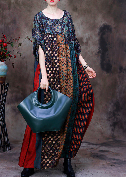 Green O-neck Print Patchwork Silk Long Dresses Long Sleeve