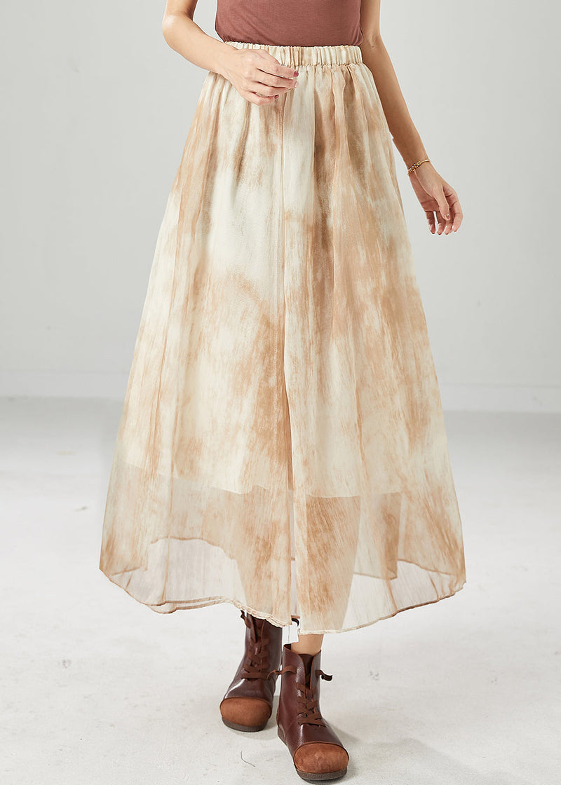 Khaki Elastic Waist Tie Dye Chiffon Skirts Summer