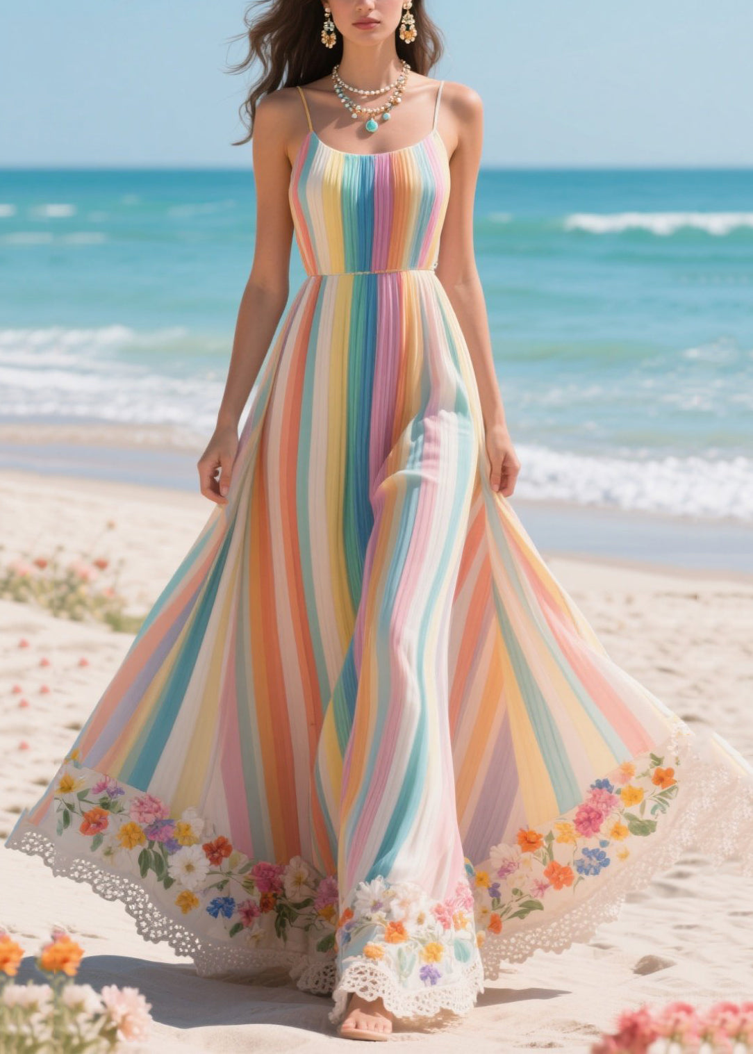 Rainbow Striped Patchwork Exra Large Hem Chiffon Holiday Dresses Summer