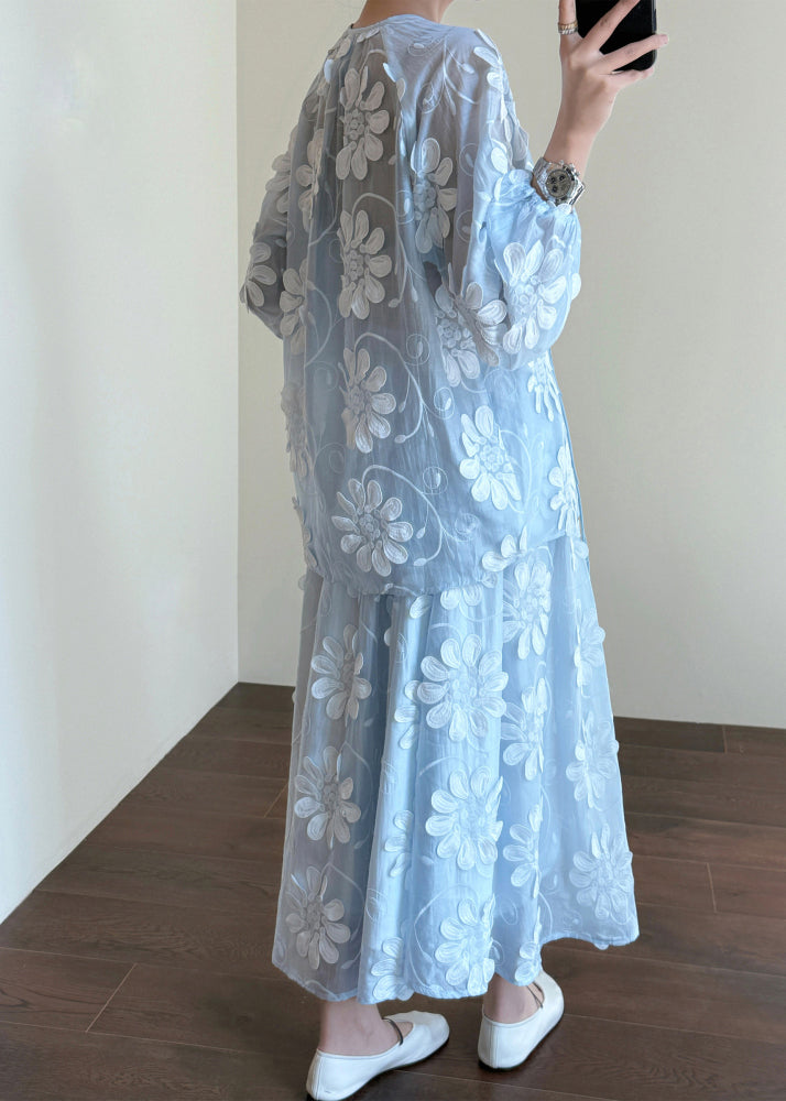 Blue Chinese Button Shirts and Skirts Silk Two-piece Set Fall