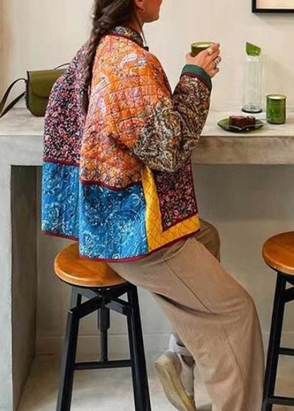 Stand Collar Print Loose Fine Cotton Filled Jacket Spring