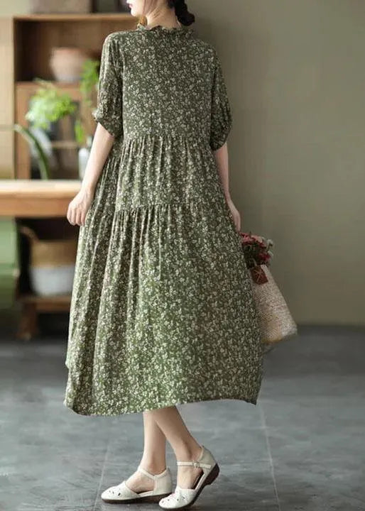 Green Cotton Linen Pleated Breasted Short Sleeve Dress