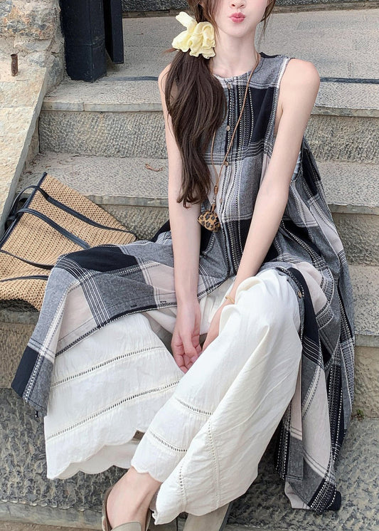 Loose Plaid Shirts Dress and White Wide Leg Pants Cotton Two Pieces Set Sleeveless