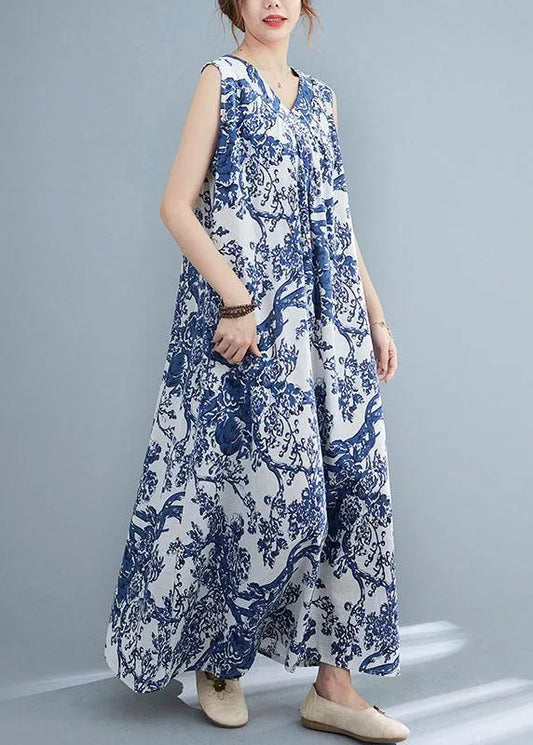 Diy Blue Loose Print V Neck Summer Vacation Dress Sleeveless