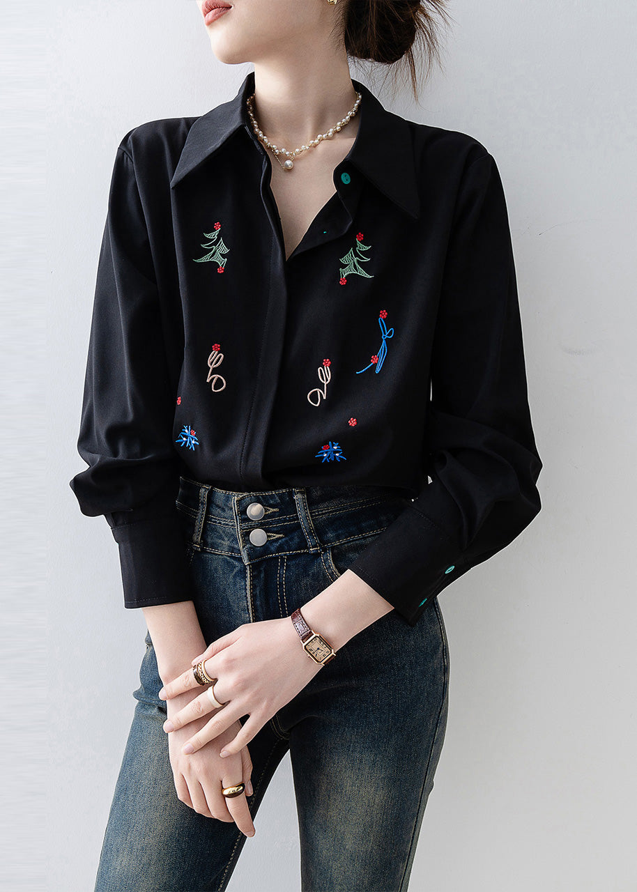 Black Embroidered Chiffon Blouse Tops Spring