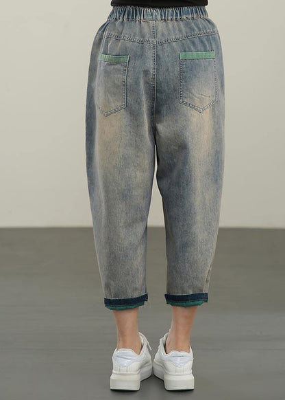 Blue Elastic Waist Hole Denim Pants Summer