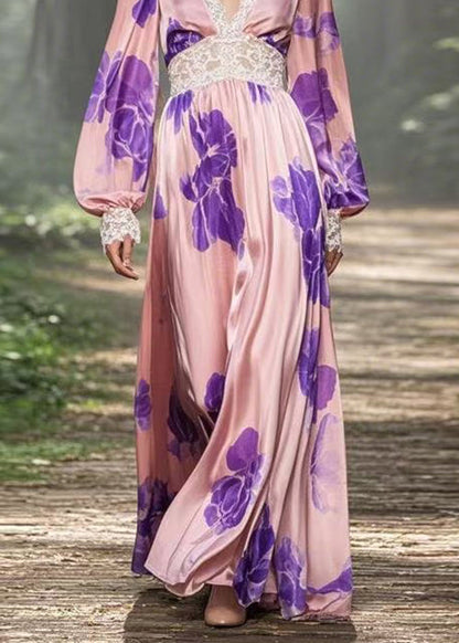 Pink V Neck Print Patchwork Silk Long Dress Spring