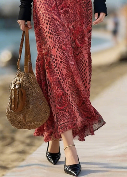 Novelty Red Print High Waist a Line Skirt Spring