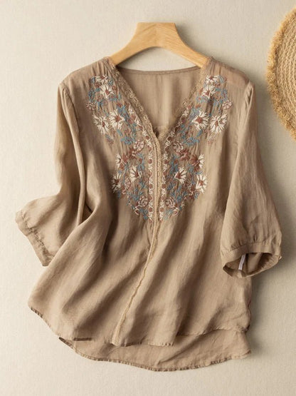 Embroidered V Neck 3/4 Sleeve Linen Top