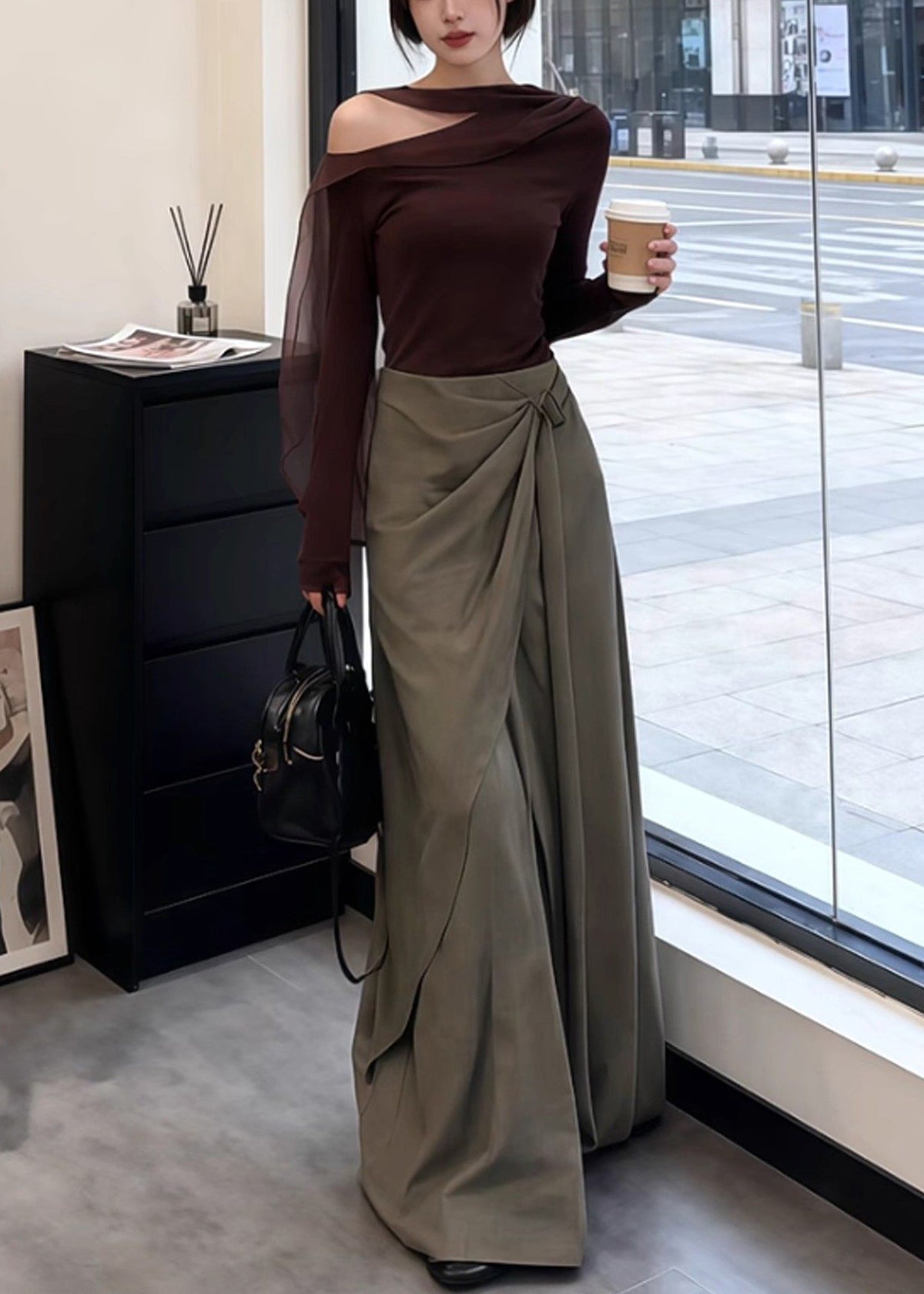 New Brown Cold Shoulder T Shirt and Asymmetrical Wide Leg Pants Two Pieces Set Spring