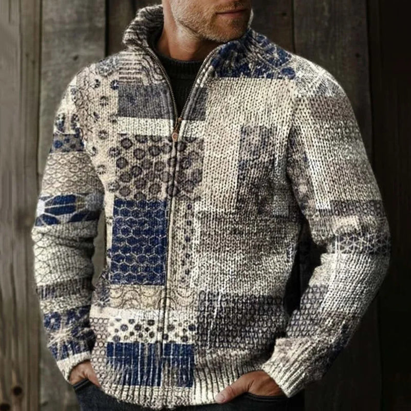 Men's Vintage Patchwork Design Pattern Zip Sweater artswardrobe