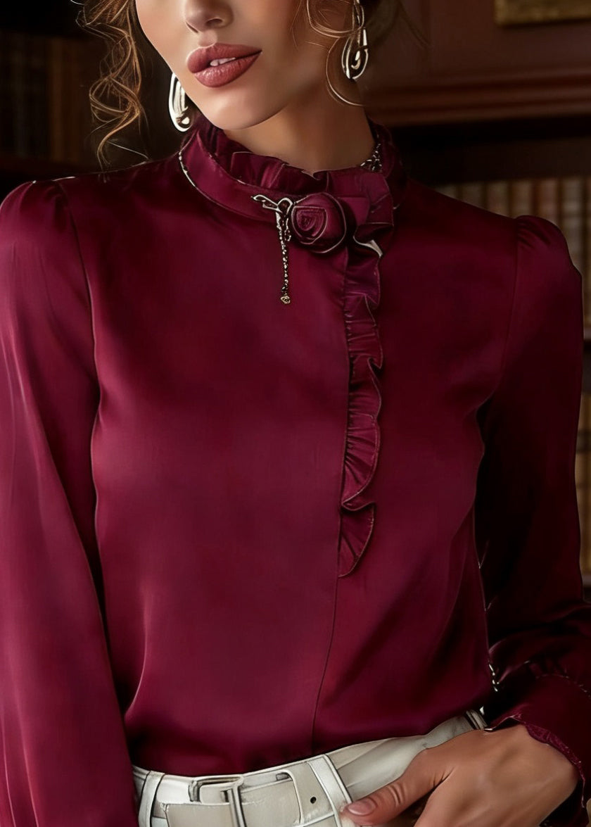 French Purple Ruffled Patchwork Silk Shirt Lantern Sleeve