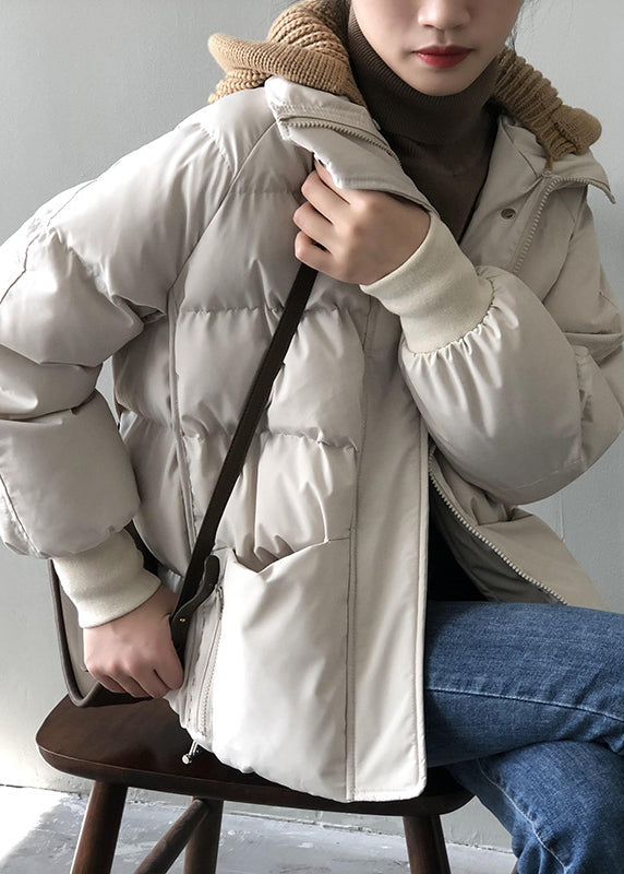 Organic Beige Hooded Pockets Fine Cotton Filled Witner Coat Winter