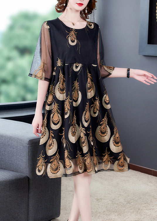 Black Embroidered Tulle Patchwork Wrinkled Chiffon Dress Half Sleeve
