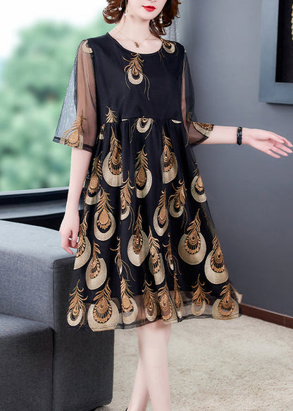 Black Embroidered Tulle Patchwork Wrinkled Chiffon Dress Half Sleeve