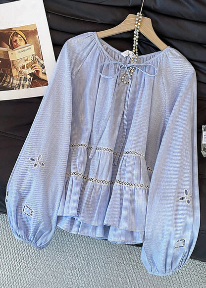 Italian Blue Striped Hollow Out Cotton Blouse Tops Fall