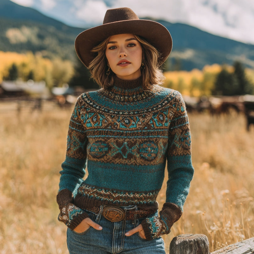 Women's Vintage Western Geometric Art Print Cozy Turtleneck Sweater artswardrobe