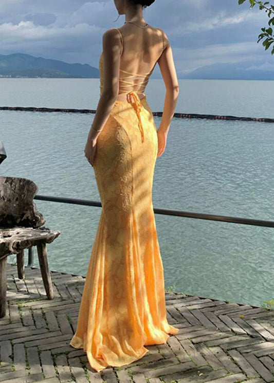 Yellow Backless Lace Maxi Spaghetti Strap Fishtail Dress Sleeveless