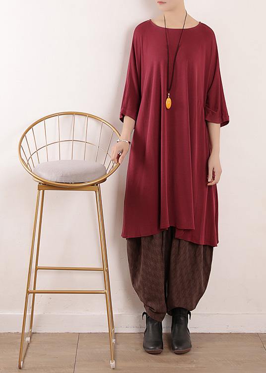 Loose Burgundy Silk Quilting Dresses O Neck Art Summer Dress