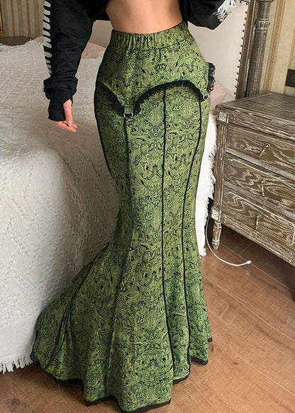 Diy Green Patchwork Lace Print High Waist Cotton Skirt Spring