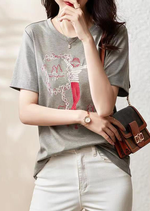Grey O Neck Embroidered Patchwork Cotton T Shirt Summer