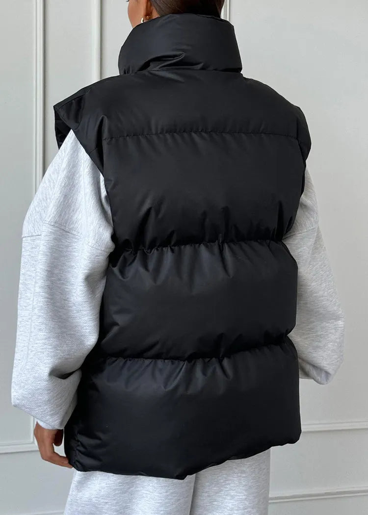 French Black Zip Up Pockets Fine Cotton Filled Vest Tops Sleeveless
