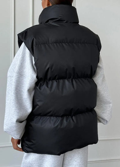 French Black Zip Up Pockets Fine Cotton Filled Vest Tops Sleeveless