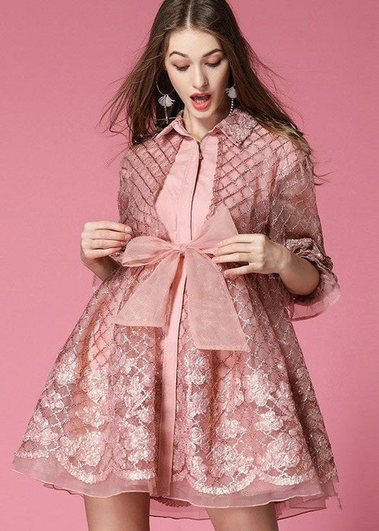Pink Peter Pan Collar Bow Organza Day Dress Spring