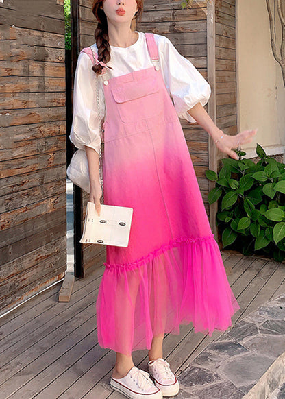 Gradient Color Pockets Tulle Patchwork Denim Strap Dress Sleeveless