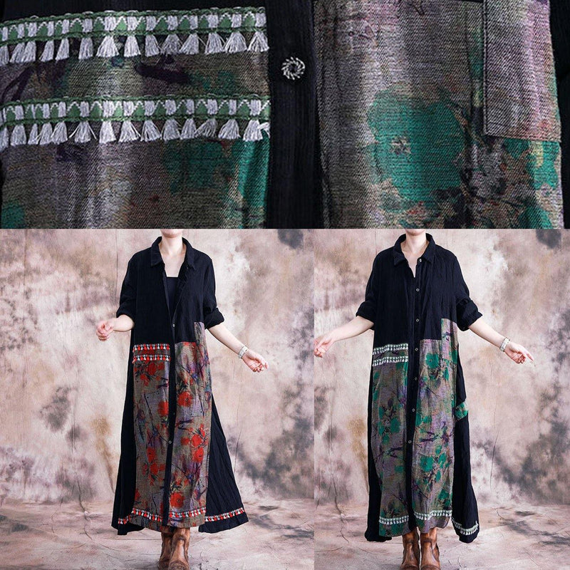 Boutique Loose Fitting Winter Coat Fall Green Print Lapel Patchwork Coat