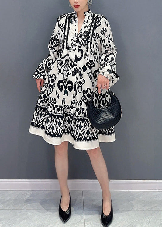 White Stand Collar Print Maxi Dresses Lantern Sleeve