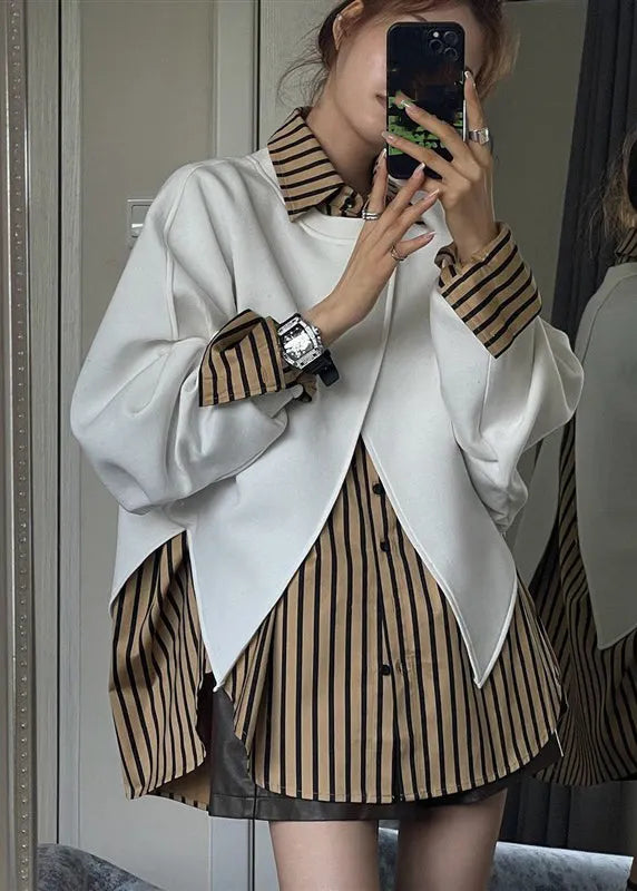 Loose Peter Pan Collar Striped Sweatshirt and Shirts Two Pieces Set Spring Sleeve