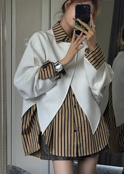 Loose Peter Pan Collar Striped Sweatshirt and Shirts Two Pieces Set Spring Sleeve