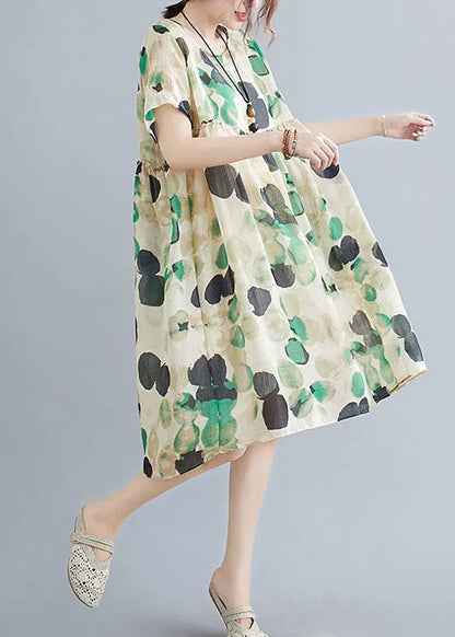 French Dot Print Original Design Linen Holiday Dress Short Sleeve