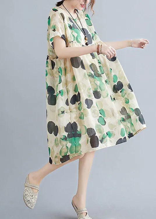 French Dot Print Original Design Linen Holiday Dress Short Sleeve